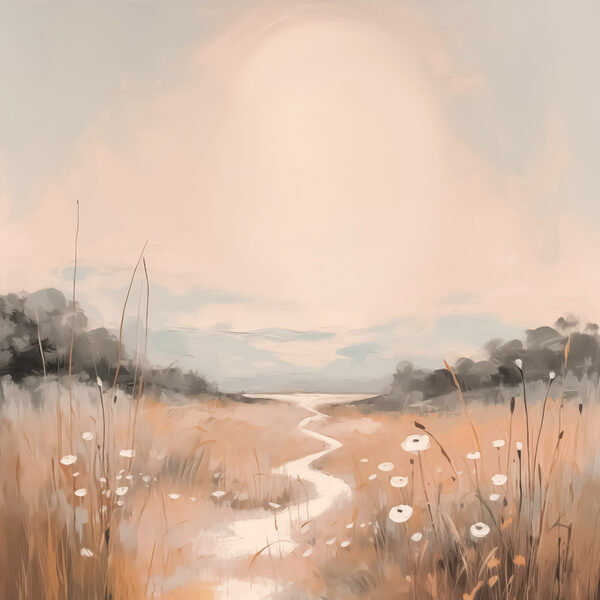 Painting of a river running through a field Painting of a river running through a field