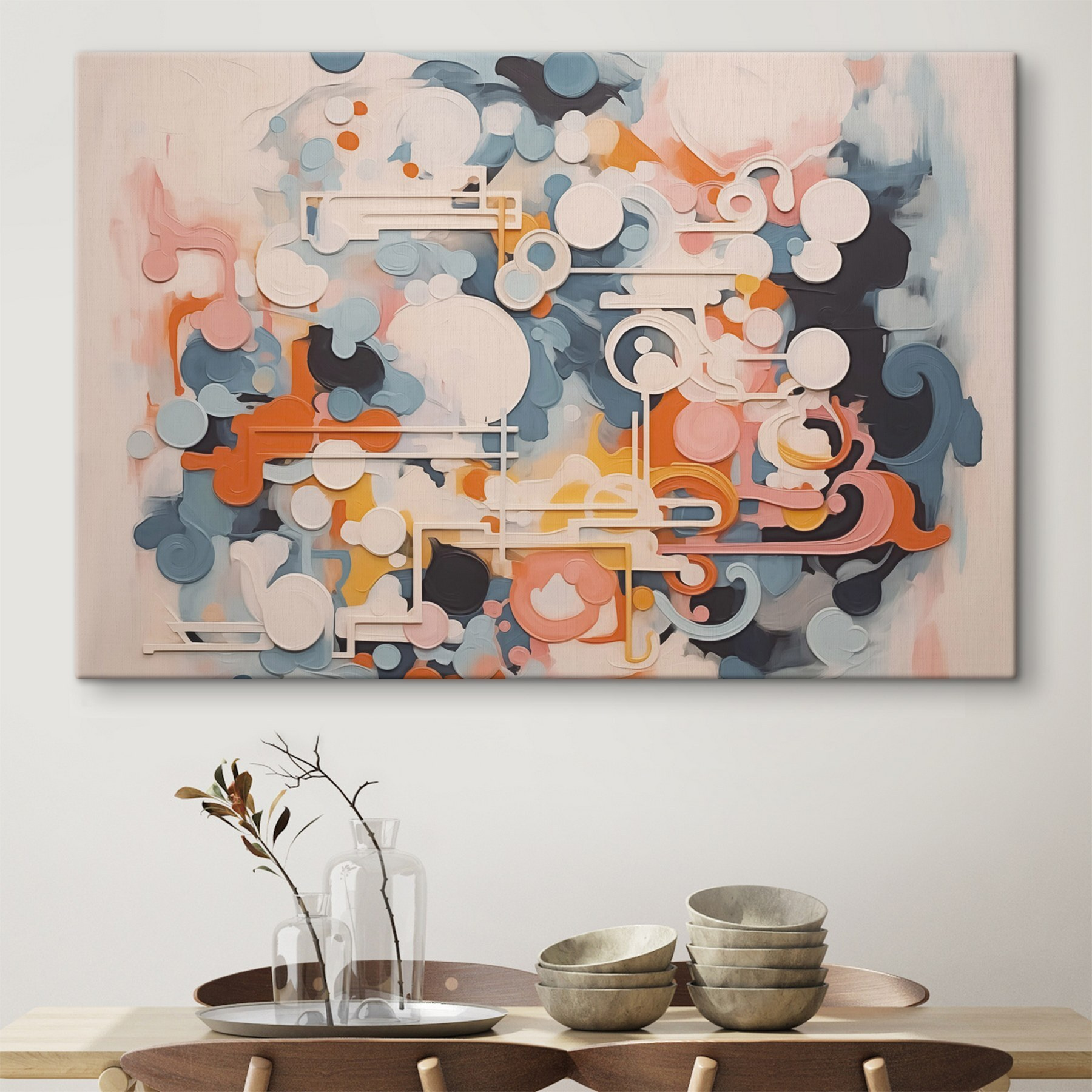 Colorful art piece with white lines and circles Colorful art piece with white lines and circles