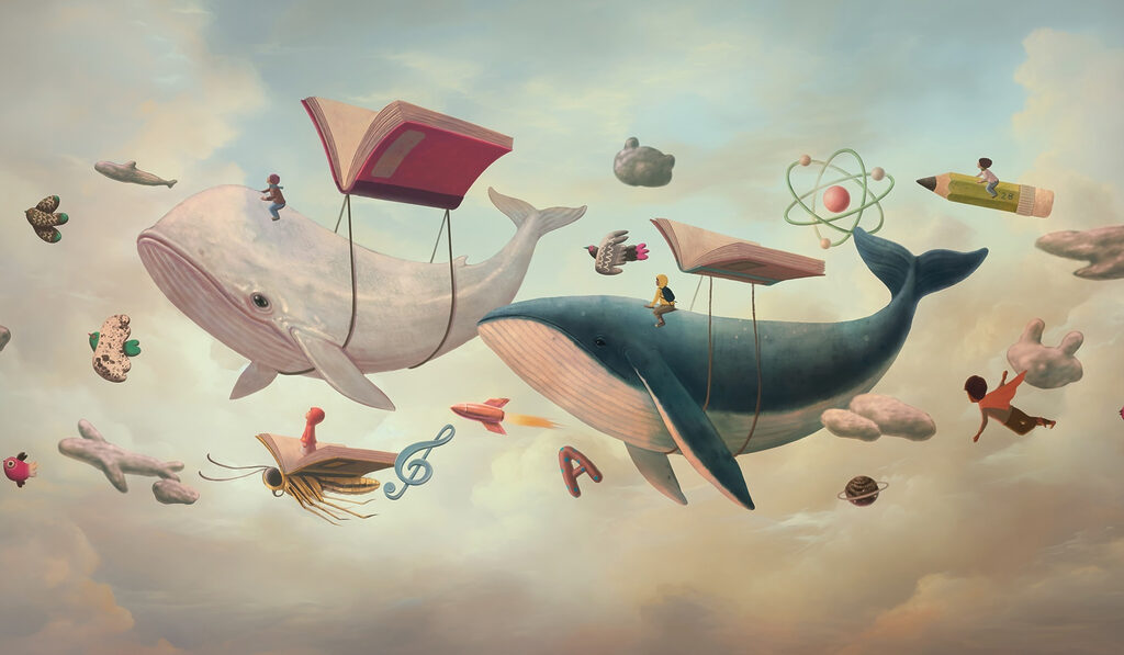 Balena e balena con libri e un libro su di loro Balena e balena con libri e un libro su di loro