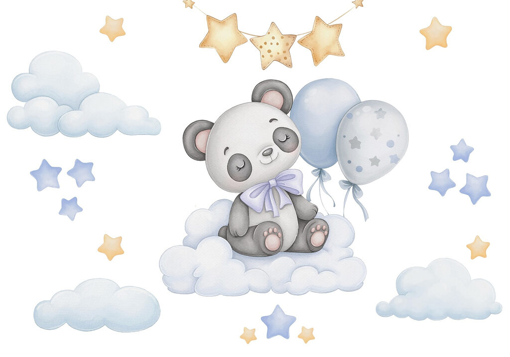 Panda dei cartoni animati seduto su una nuvola con palloncini Panda dei cartoni animati seduto su una nuvola con palloncini