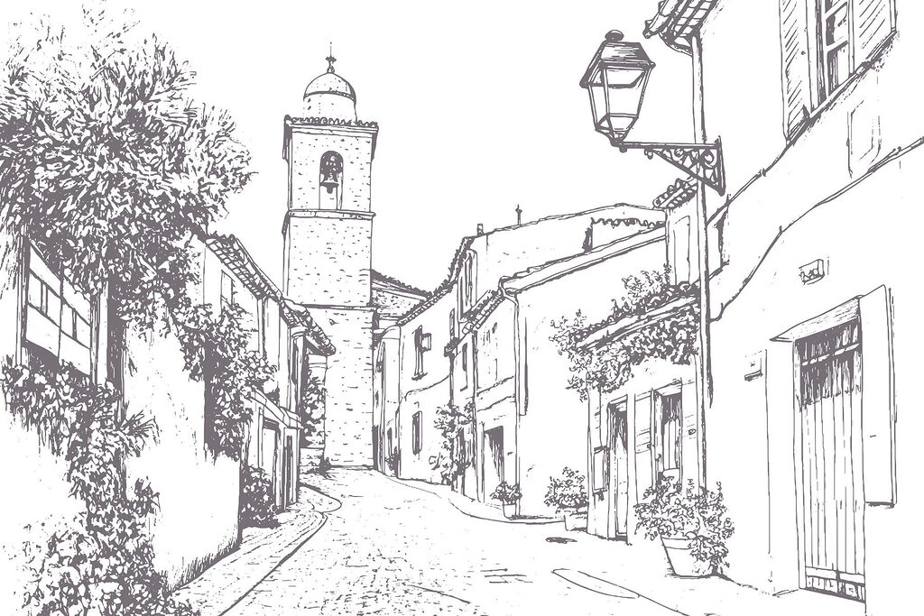 Disegno di una strada con edifici e un campanile Disegno di una strada con edifici e un campanile