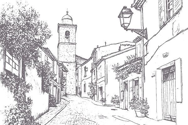 Disegno di una strada con edifici e un campanile Disegno di una strada con edifici e un campanile