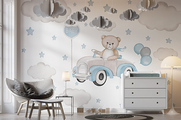 Orsetto che guida un'auto con palloncini Orsetto che guida un'auto con palloncini