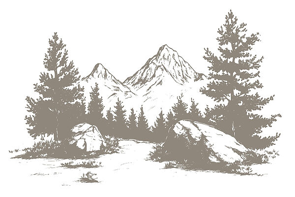 Catena montuosa con alberi e rocce Catena montuosa con alberi e rocce