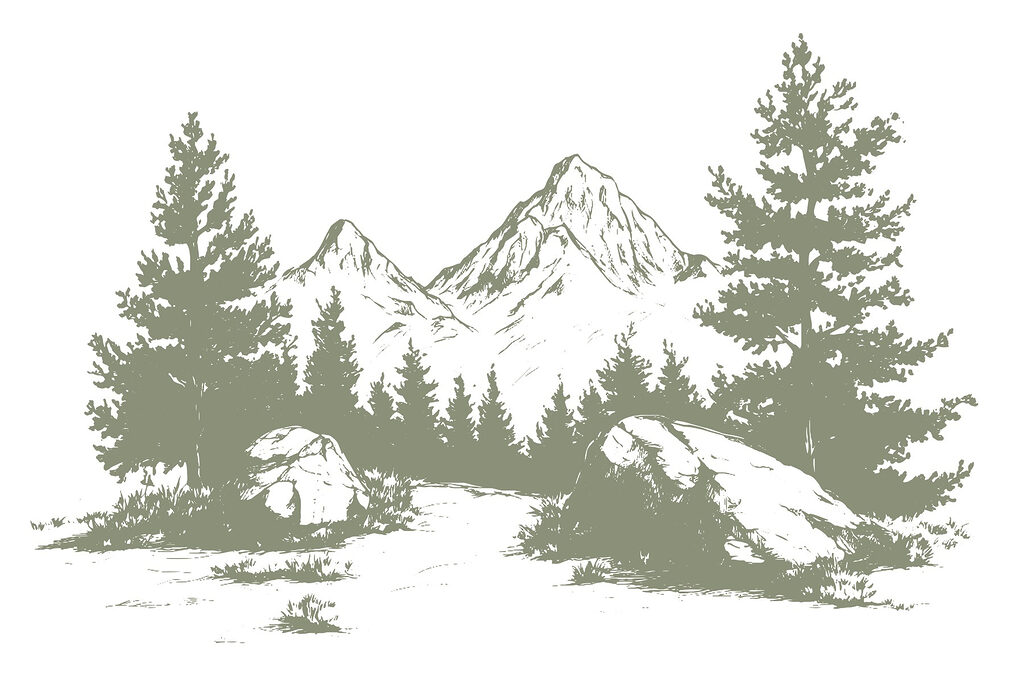 Drawing of trees and mountains