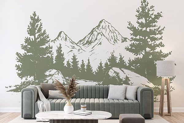 Drawing of trees and mountains