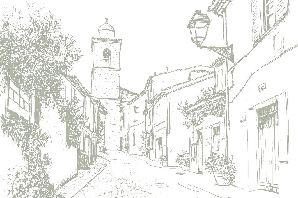 Disegno di una strada con edifici e un campanile Disegno di una strada con edifici e un campanile
