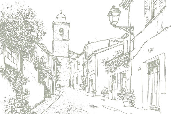 Disegno di una strada con edifici e un campanile Disegno di una strada con edifici e un campanile