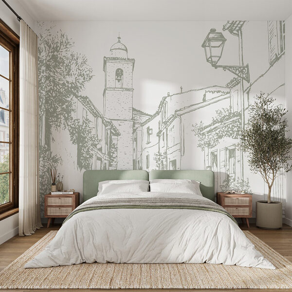 Disegno di una strada con edifici e un campanile Disegno di una strada con edifici e un campanile