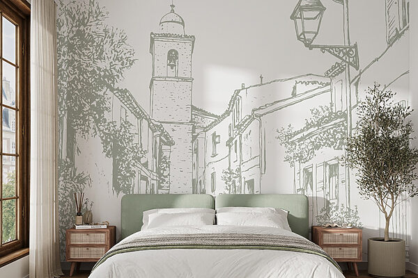 Disegno di una strada con edifici e un campanile Disegno di una strada con edifici e un campanile