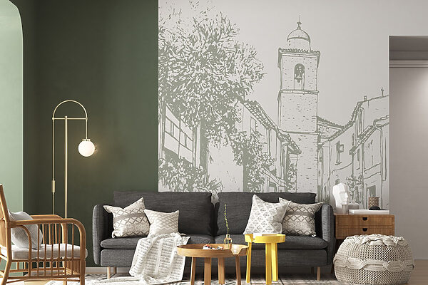 Disegno di una strada con edifici e un campanile Disegno di una strada con edifici e un campanile