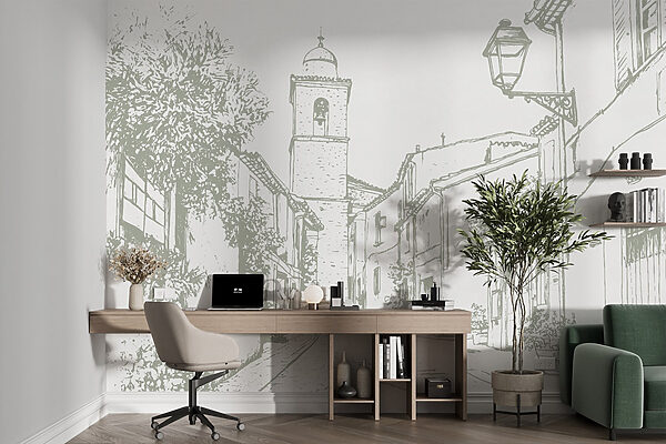 Disegno di una strada con edifici e un campanile Disegno di una strada con edifici e un campanile
