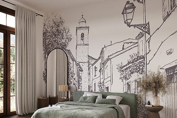 Disegno di una strada con edifici e un campanile Disegno di una strada con edifici e un campanile