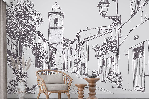 Disegno di una strada con edifici e un campanile Disegno di una strada con edifici e un campanile