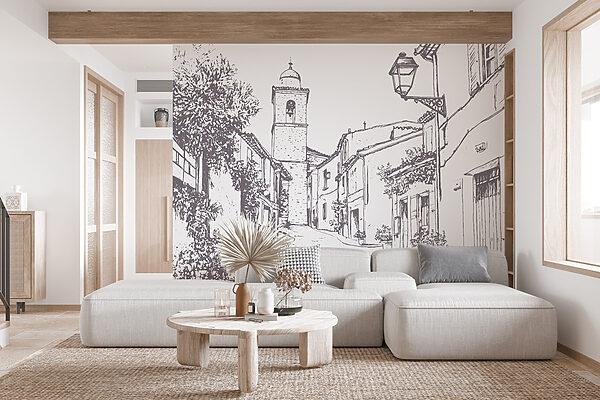 Disegno di una strada con edifici e un campanile Disegno di una strada con edifici e un campanile