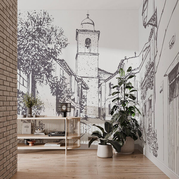 Disegno di una strada con edifici e un campanile Disegno di una strada con edifici e un campanile