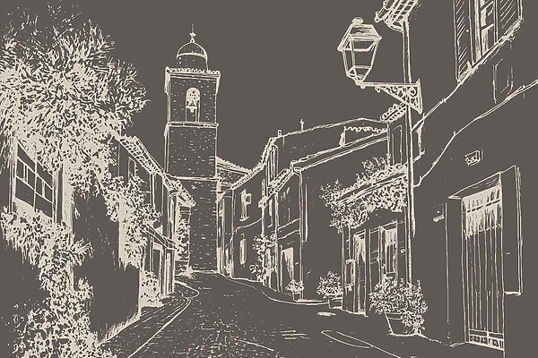 Disegno di una strada con edifici e un campanile Disegno di una strada con edifici e un campanile