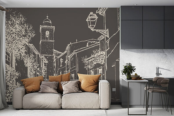 Disegno di una strada con edifici e un campanile Disegno di una strada con edifici e un campanile