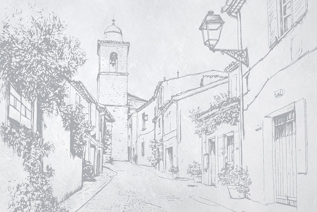 Disegno di una strada con campanile Disegno di una strada con campanile