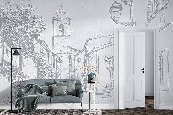 Disegno di una strada con campanile Disegno di una strada con campanile