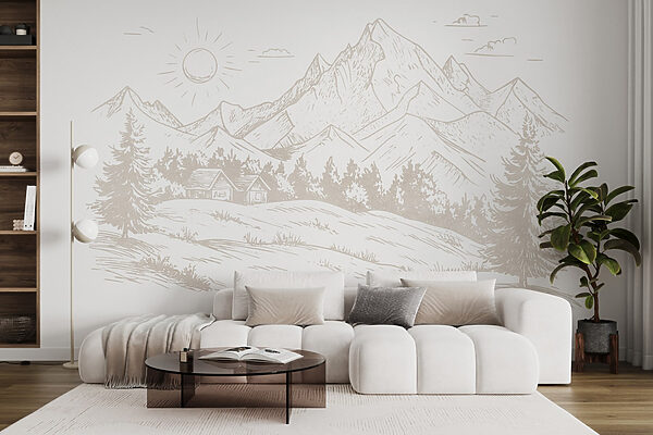Disegno di un paesaggio con montagne e alberi Disegno di un paesaggio con montagne e alberi