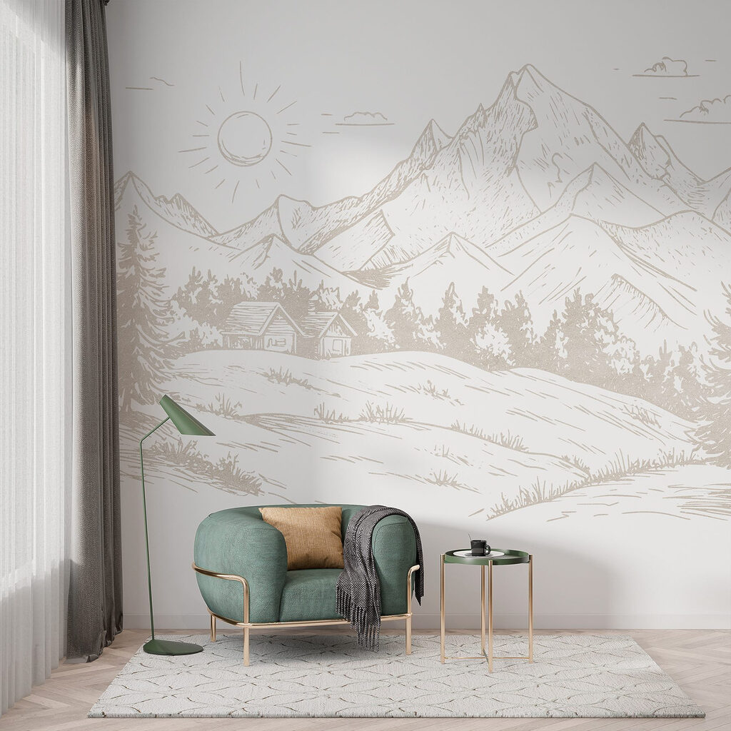 Drawing of a landscape with mountains and trees