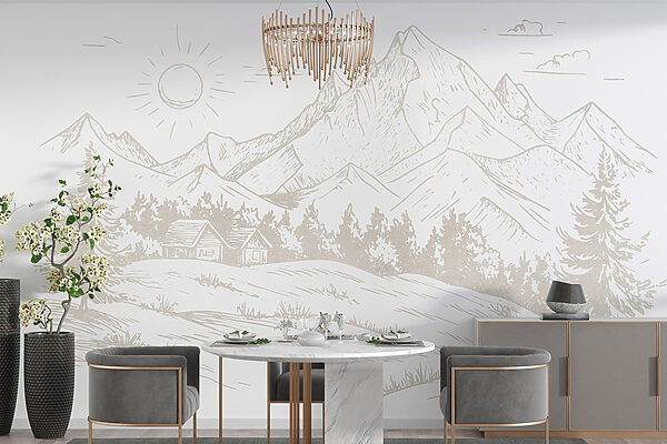 Disegno di un paesaggio con montagne e alberi Disegno di un paesaggio con montagne e alberi