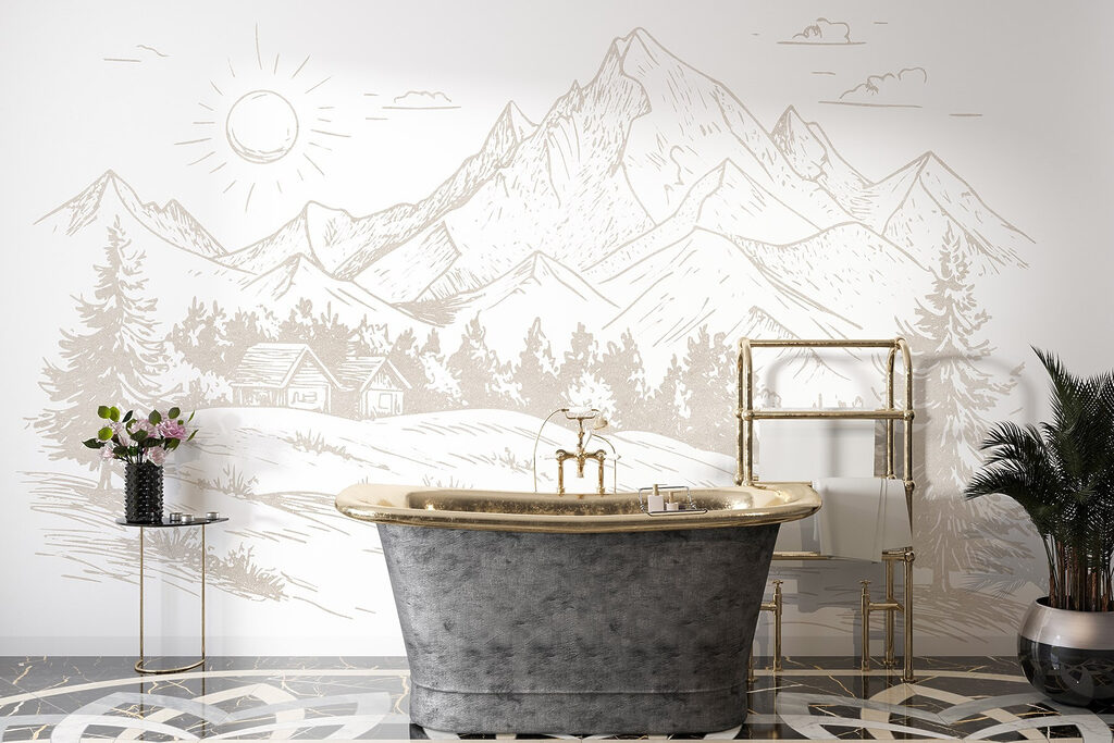 Drawing of a landscape with mountains and trees