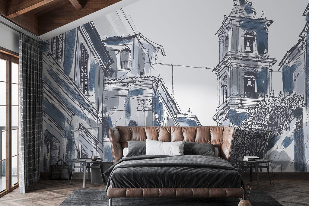 Drawing of a building with bells Drawing of a building with bells