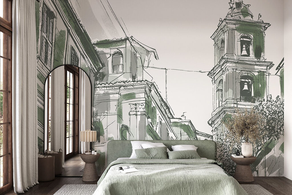 Drawing of a building with bells Drawing of a building with bells