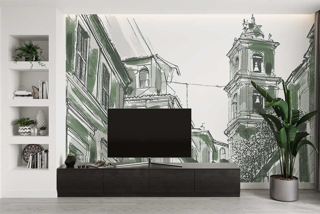 Drawing of a building with bells Drawing of a building with bells