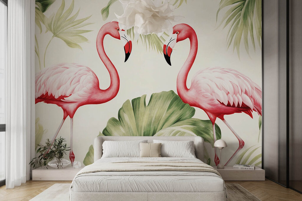 Couple of pink flamingos with green leaves