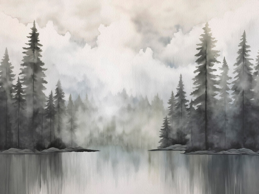 Acquerello di una foresta e di un lago Acquerello di una foresta e di un lago