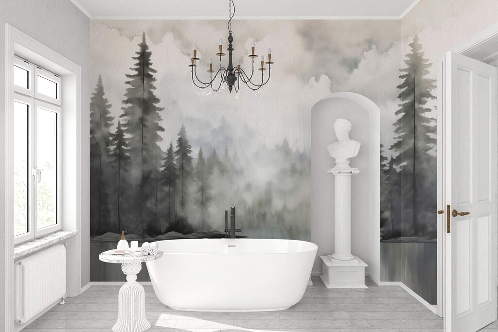 Watercolor painting of a forest and a lake