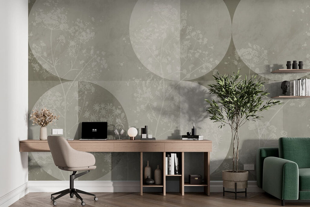 Grey and white background with circles and flowers