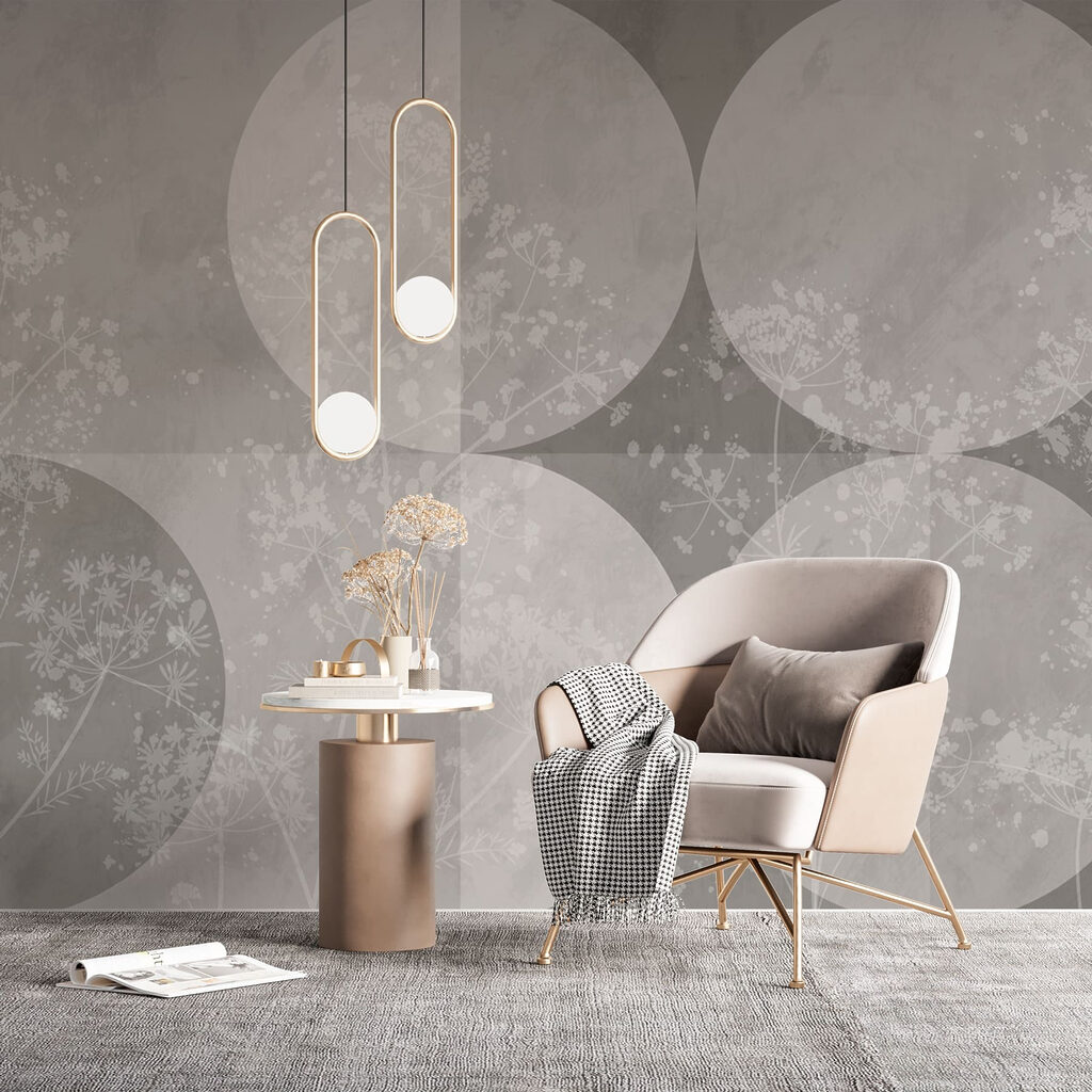Grey and white background with circles and flowers