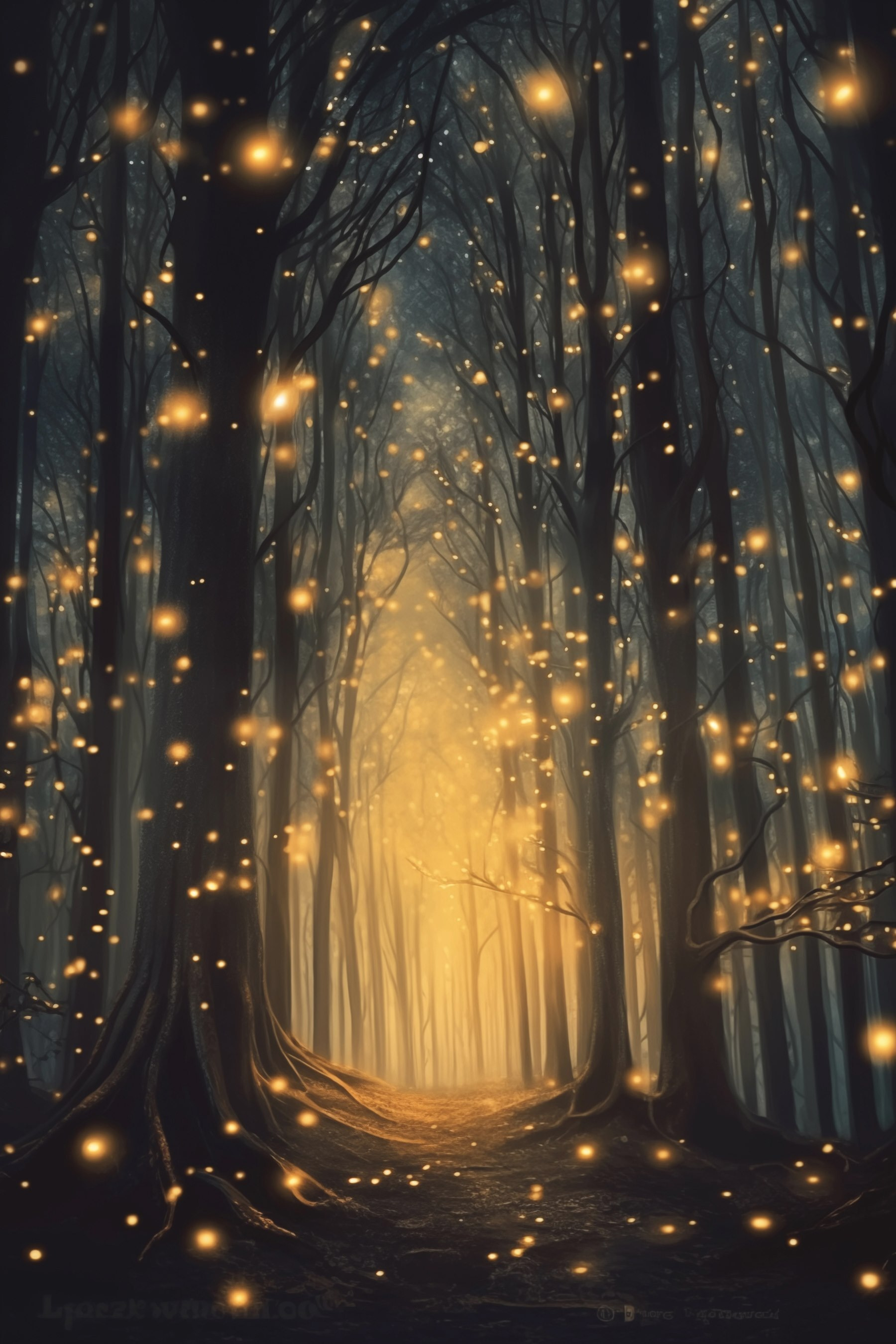 Path through a forest with many trees with lights