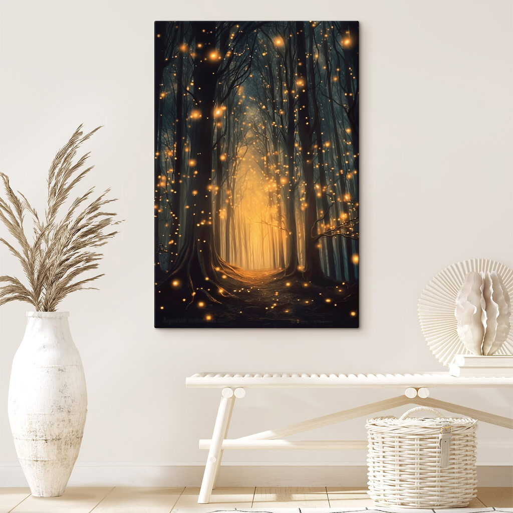 Path through a forest with many trees with lights
