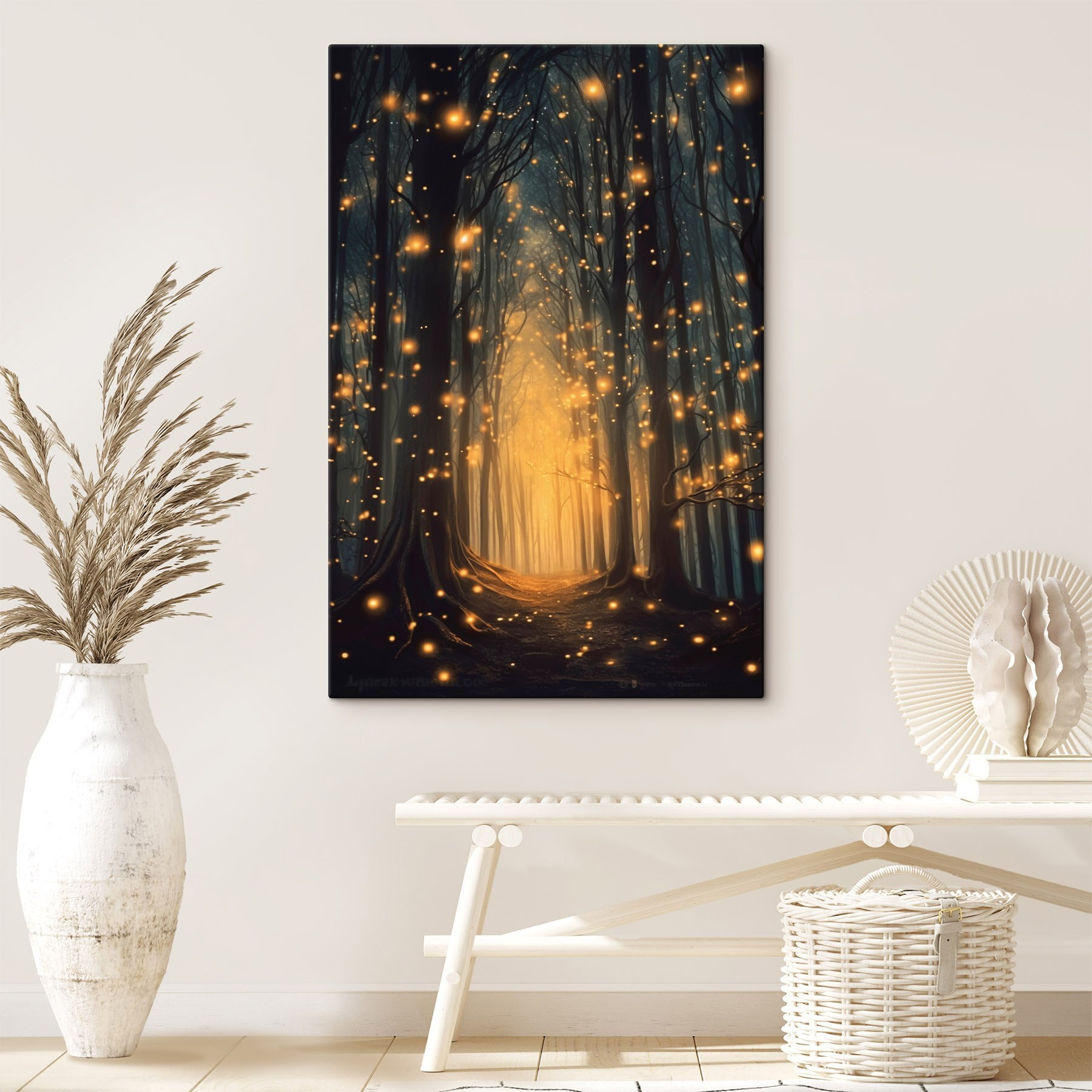 Path through a forest with many trees with lights