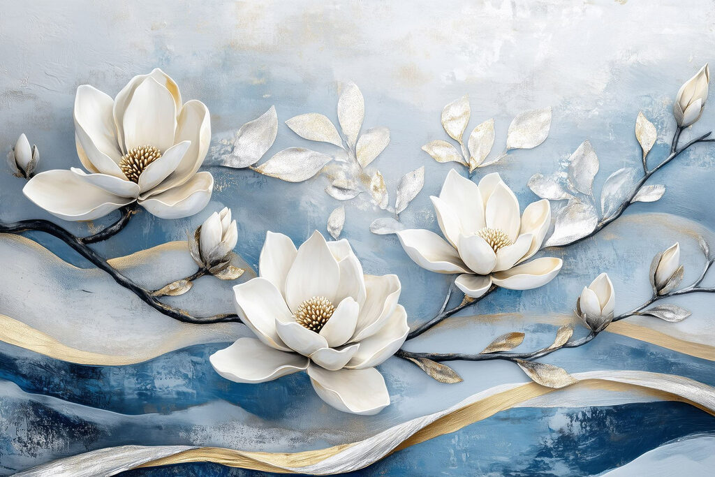 White flowers on a blue background White flowers on a blue background