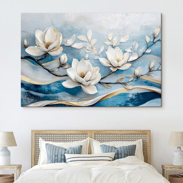 Quadri Quadri Fiori bianchi su sfondo blu (COD: s43323)