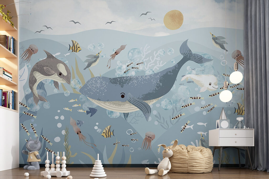 Group of fish and whales swimming in the ocean