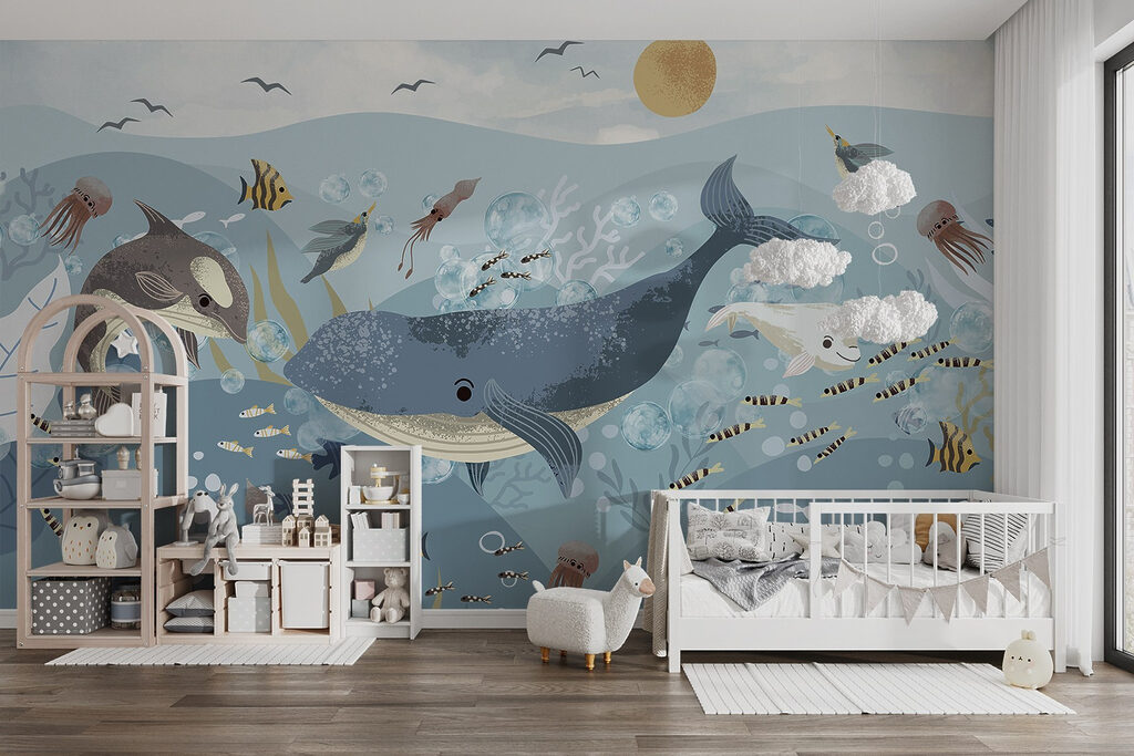 Group of fish and whales swimming in the ocean