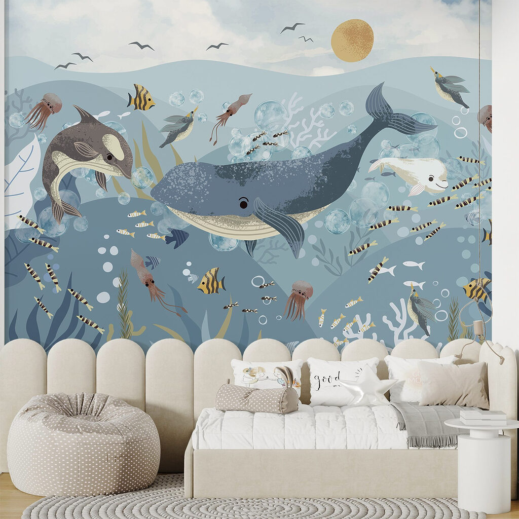 Group of fish and whales swimming in the ocean