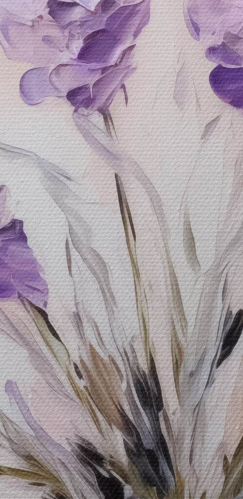 Painting of purple flowers in a glass vase Painting of purple flowers in a glass vase