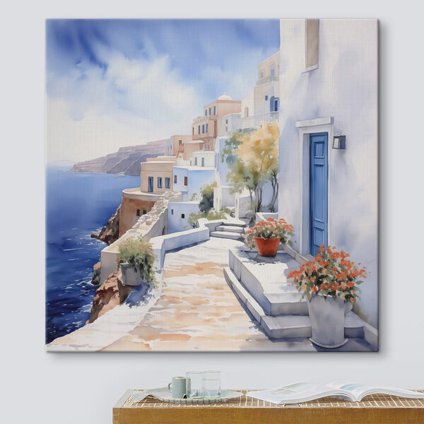 Quadri Quadri Acquerello raffigurante un edificio bianco con porte blu e fiori su una scogliera (COD: s43346)