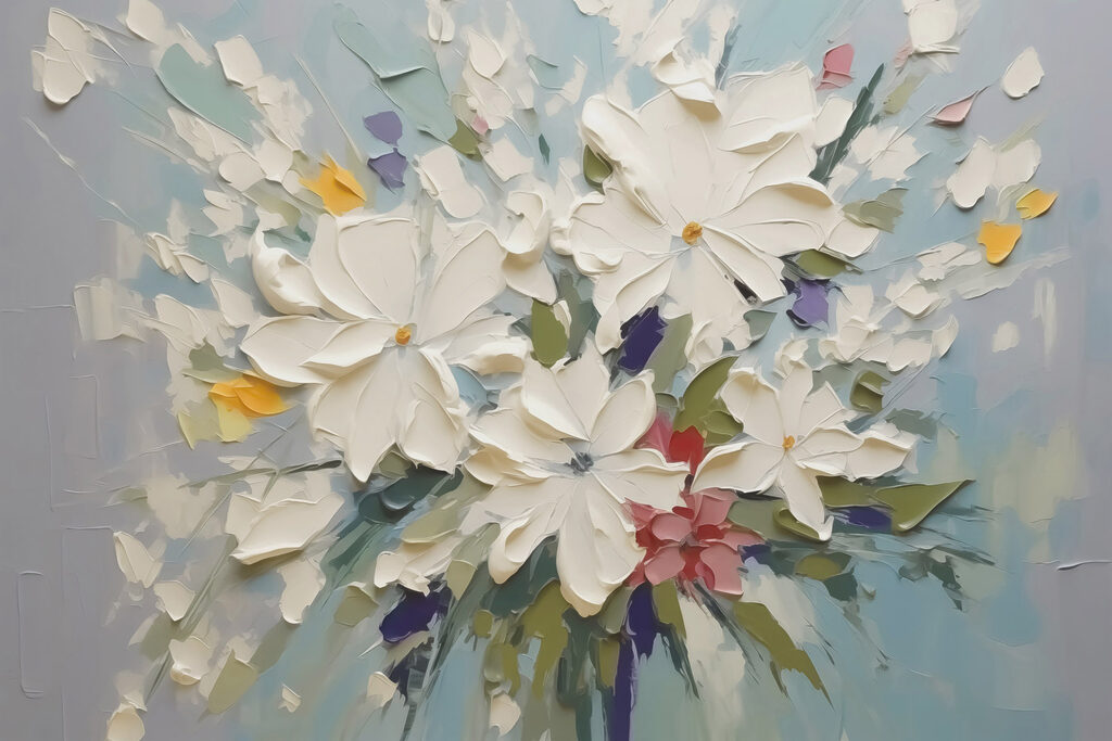 Painting of flowers on a blue surface Painting of flowers on a blue surface