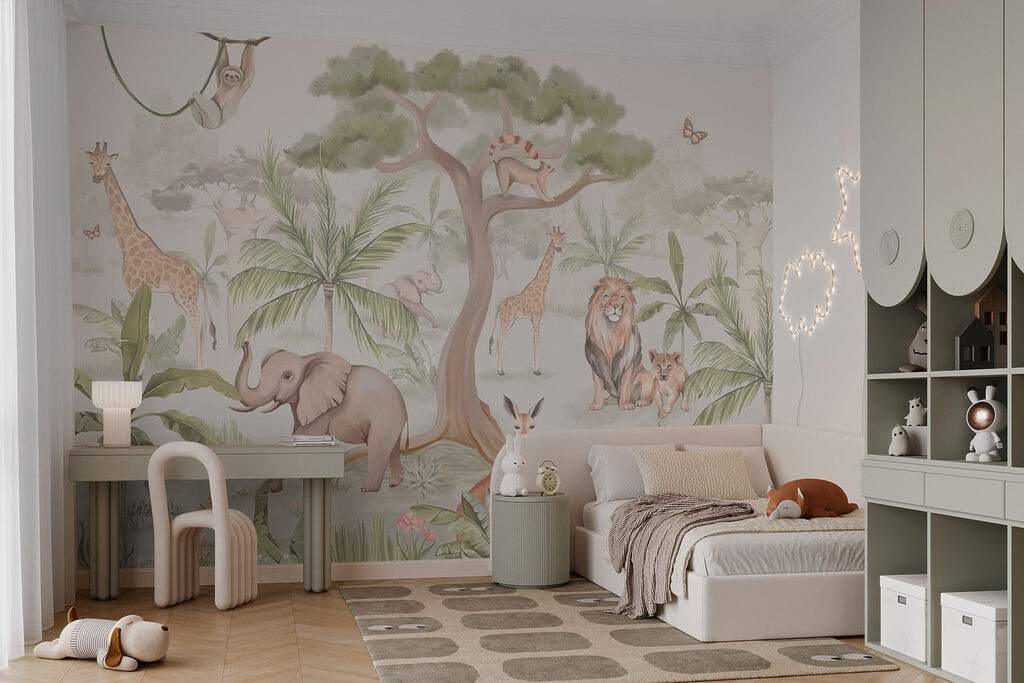 Wallpaper with animals and trees
