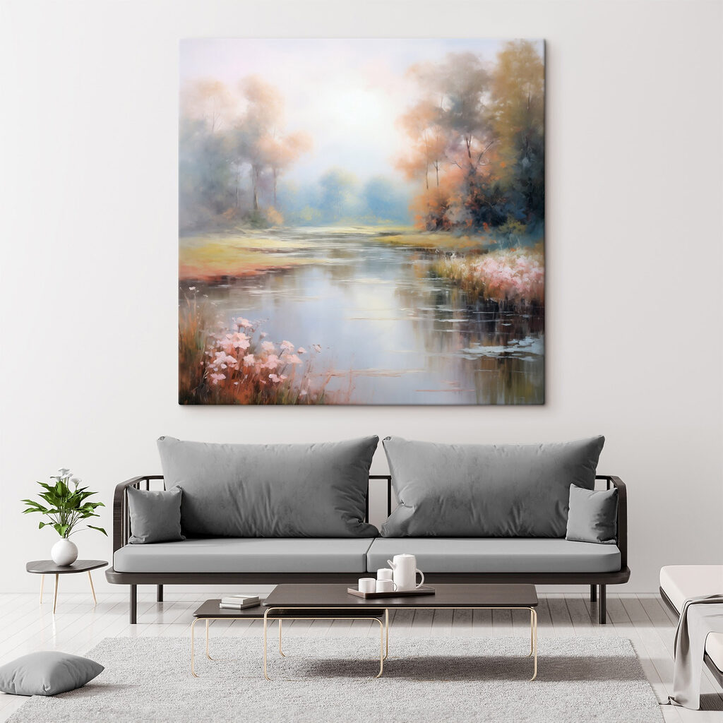 Painting of a river with trees and grass