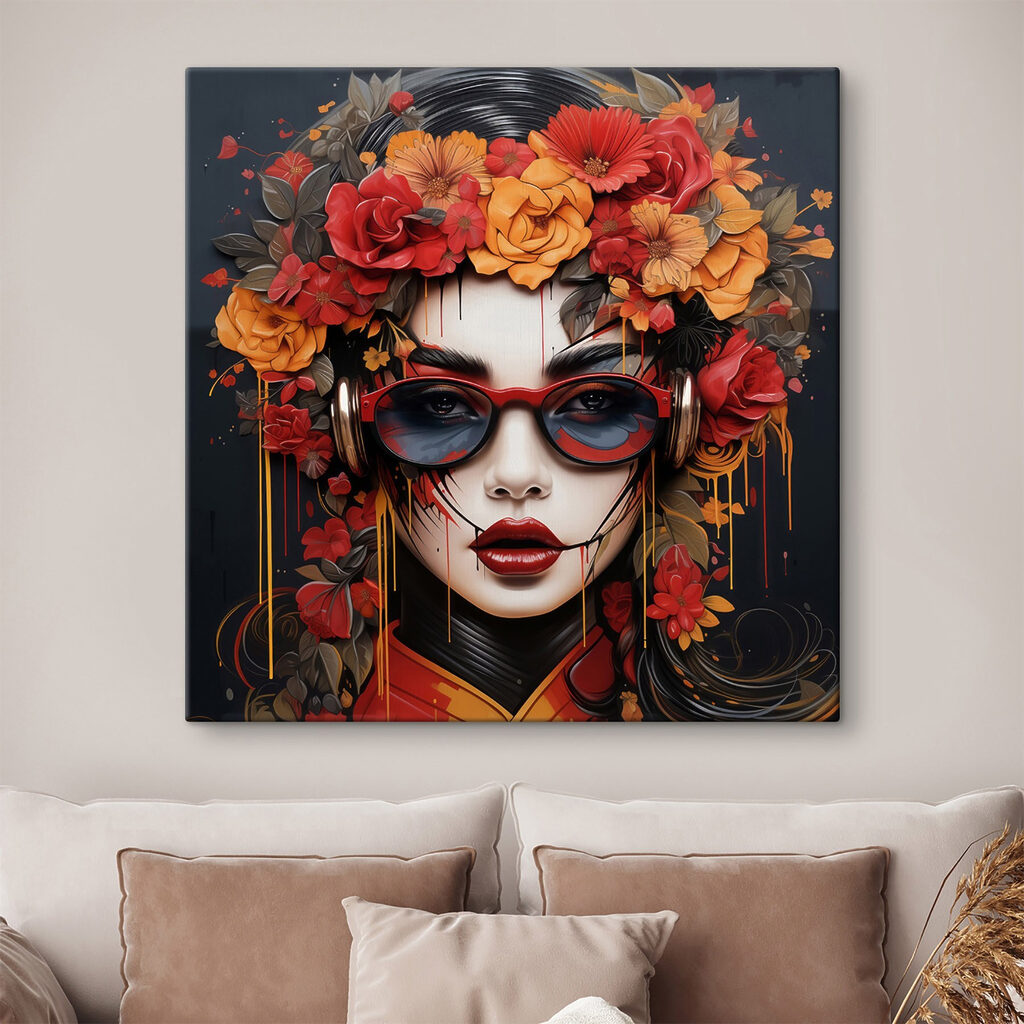 Woman with flowers in her hair and glasses Woman with flowers in her hair and glasses